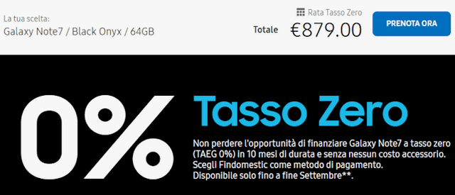 Galaxy Note 7 a rate tasso zero TAEG 0% Offerta Samsung